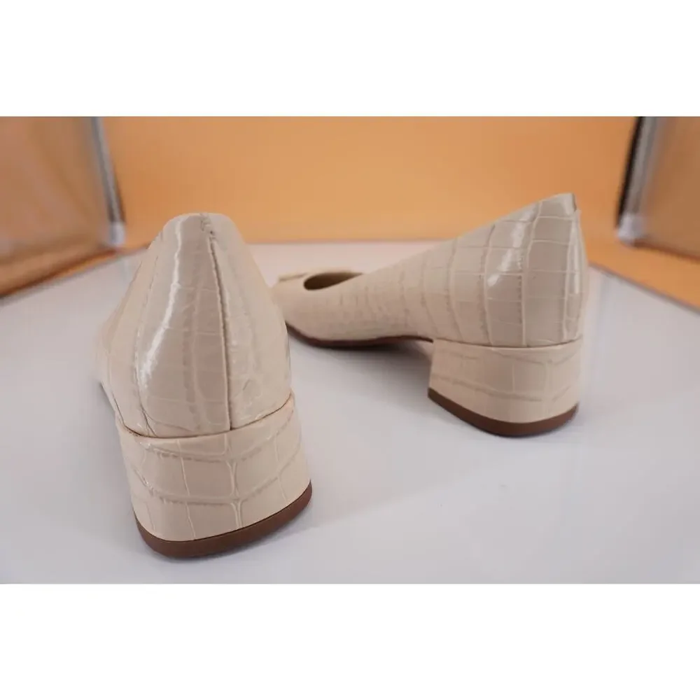 Tory Burch Georgia Square Toe Block Heel Pump SZ 5 New Cream Croc Leather Logo